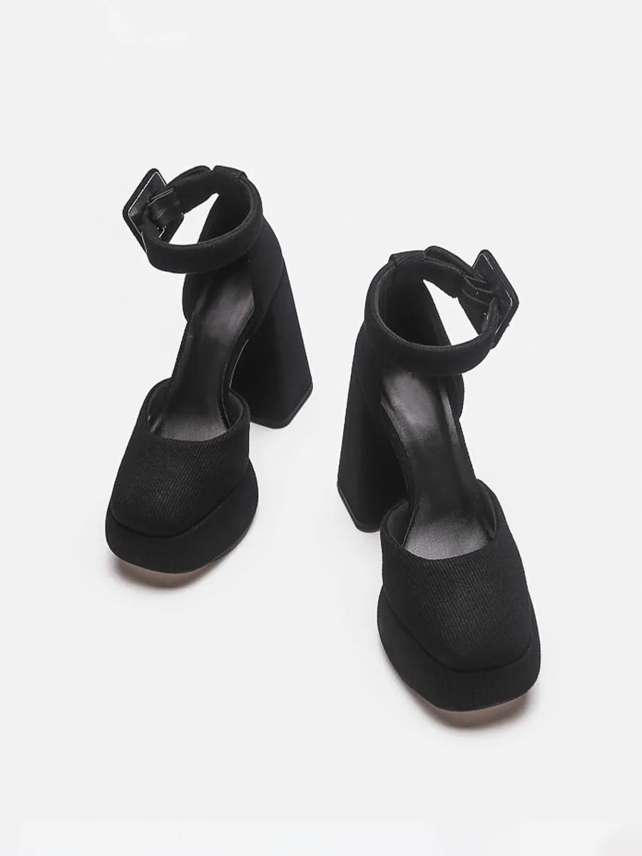 Knitted Ankle Strap Chunky Heeled Platform Pumps