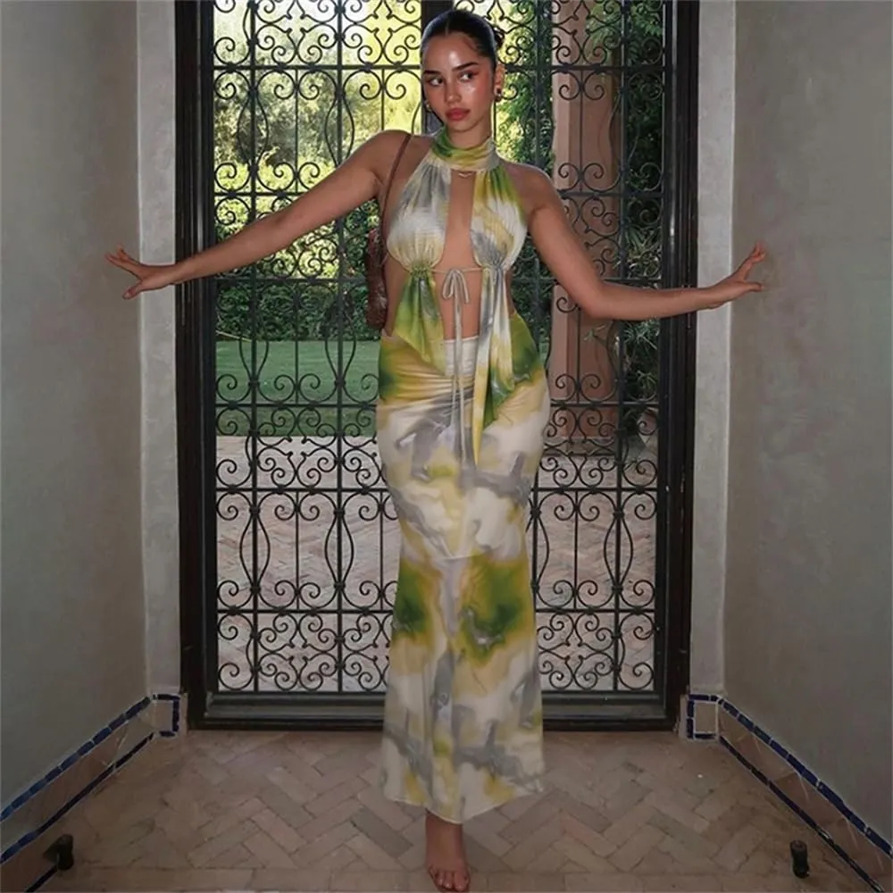 ksotutm Maxi Skirt Set Print Sexy Halter Top and Long Skirt Summer Two Piece Sets for Women Going Out Outfits