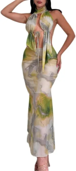 ksotutm Maxi Skirt Set Print Sexy Halter Top and Long Skirt Summer Two Piece Sets for Women Going Out Outfits