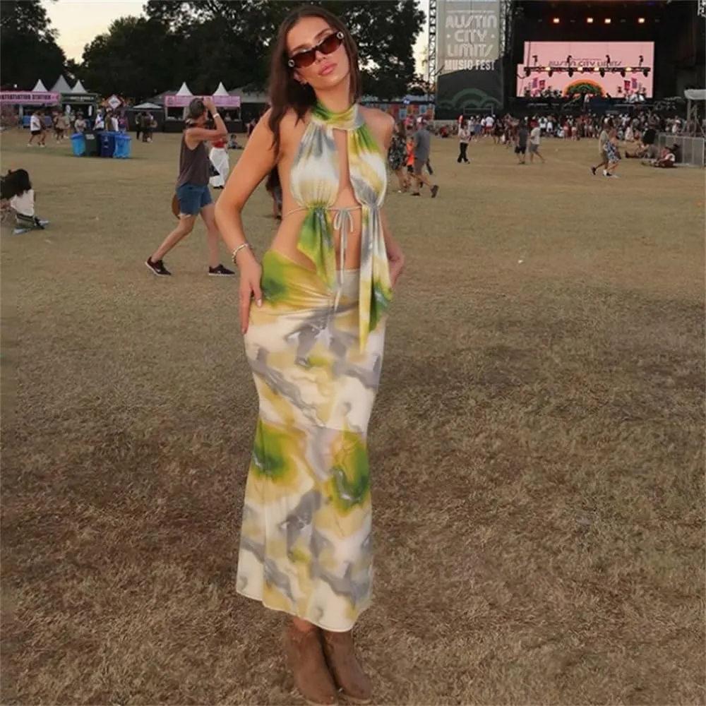 ksotutm Maxi Skirt Set Print Sexy Halter Top and Long Skirt Summer Two Piece Sets for Women Going Out Outfits