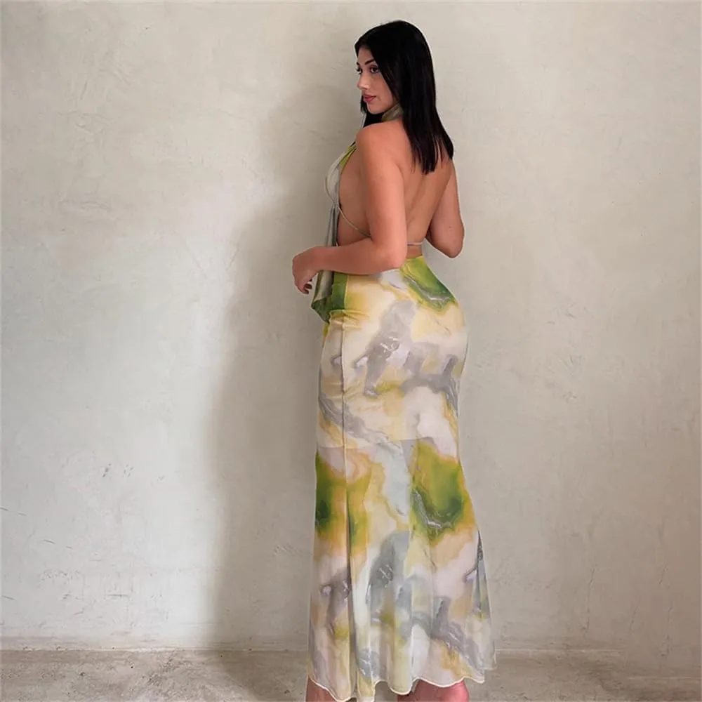 ksotutm Maxi Skirt Set Print Sexy Halter Top and Long Skirt Summer Two Piece Sets for Women Going Out Outfits