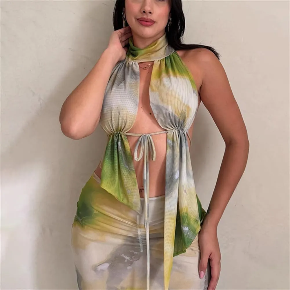 ksotutm Maxi Skirt Set Print Sexy Halter Top and Long Skirt Summer Two Piece Sets for Women Going Out Outfits