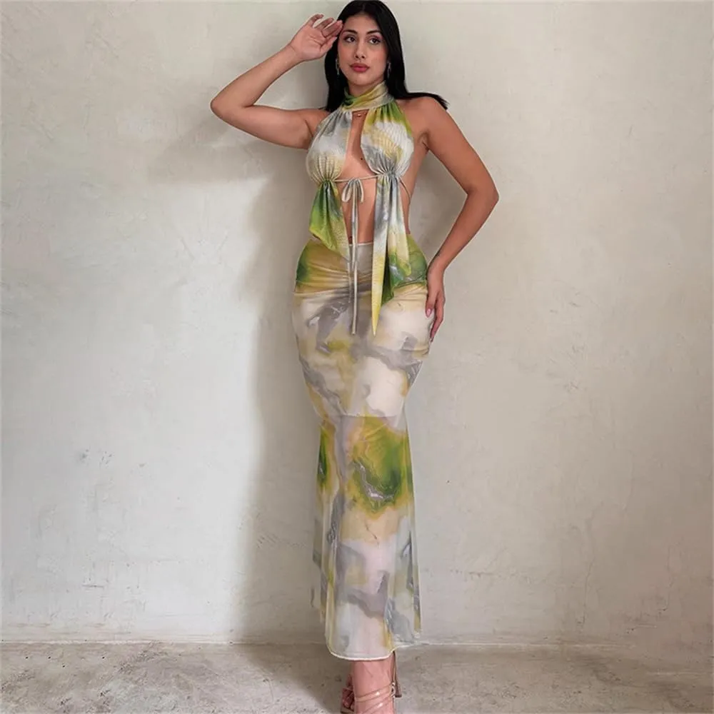 ksotutm Maxi Skirt Set Print Sexy Halter Top and Long Skirt Summer Two Piece Sets for Women Going Out Outfits