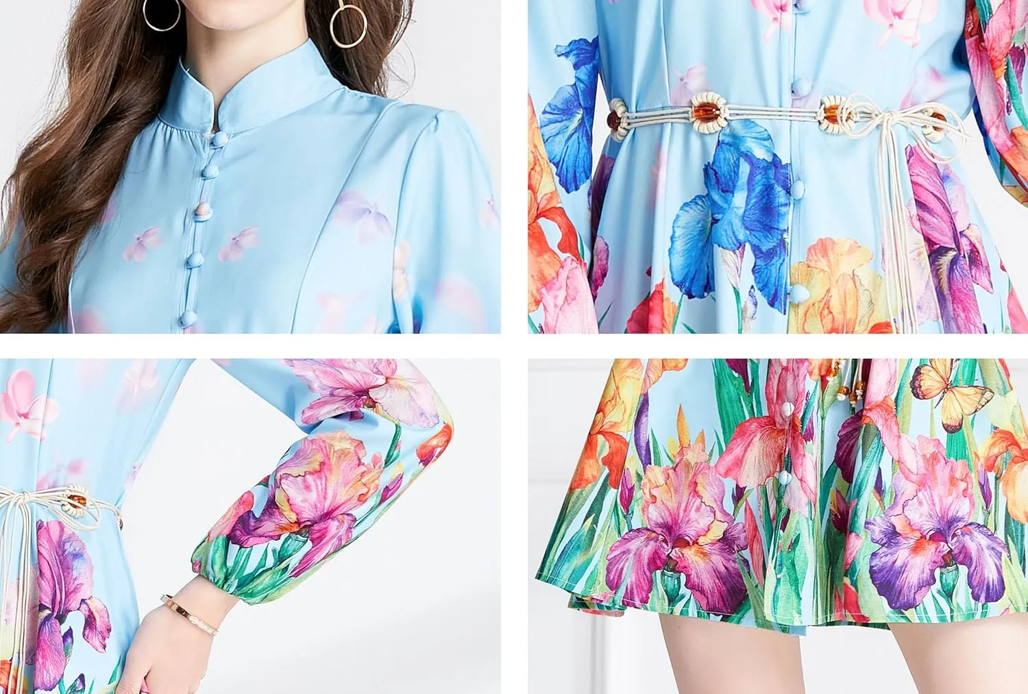 LAI MENG FIVE CATS Women's Floral Print Button up Shirt Dress Long Sleeve Casual Mini Dress