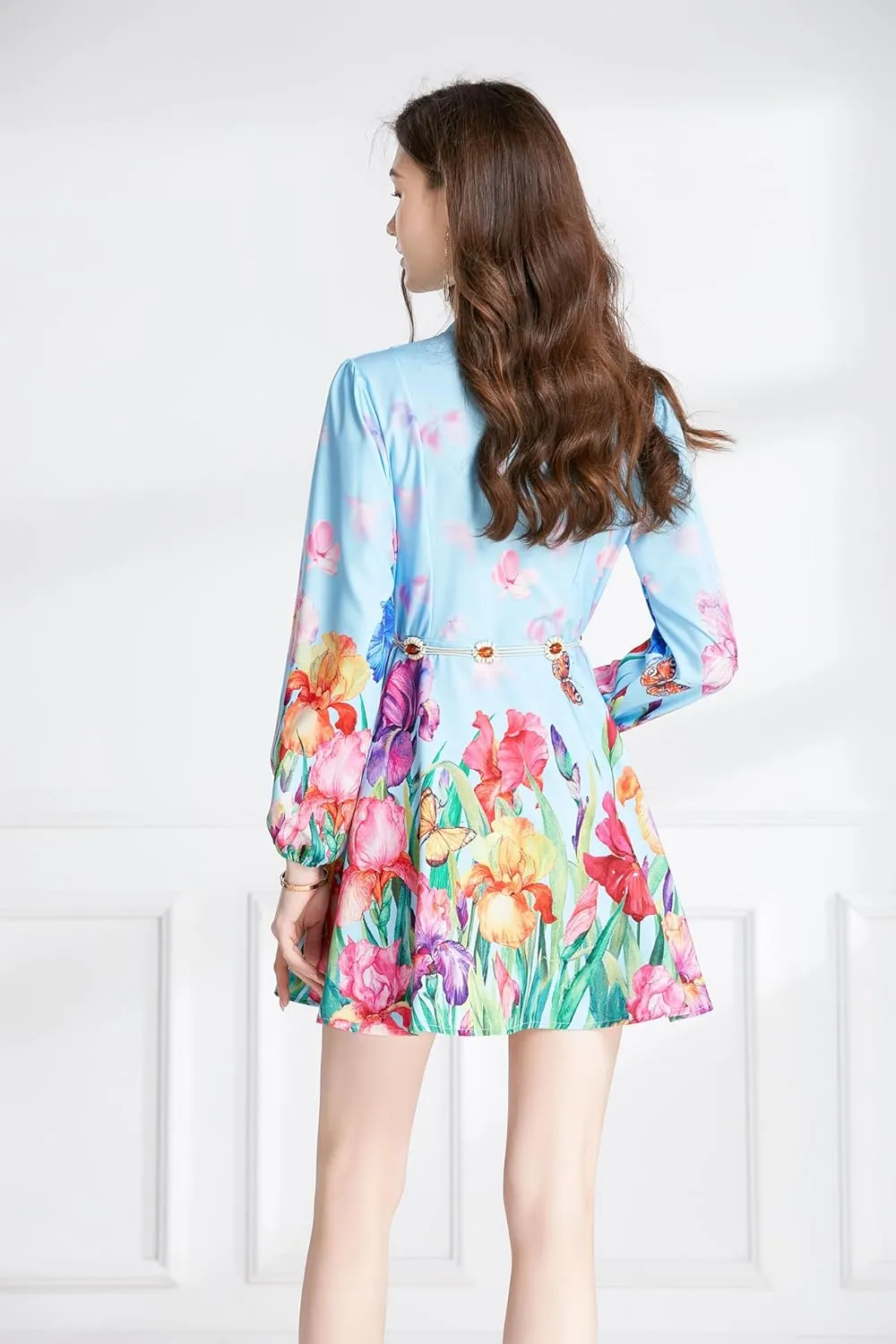 LAI MENG FIVE CATS Women's Floral Print Button up Shirt Dress Long Sleeve Casual Mini Dress