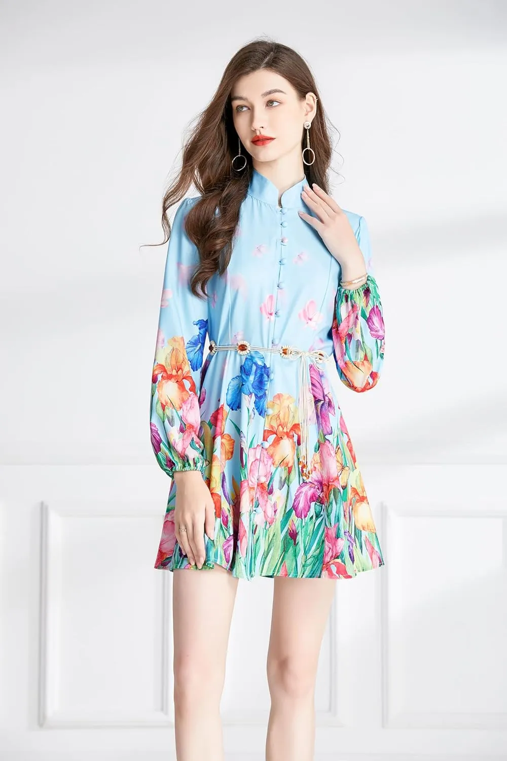 LAI MENG FIVE CATS Women's Floral Print Button up Shirt Dress Long Sleeve Casual Mini Dress