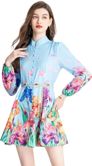LAI MENG FIVE CATS Women's Floral Print Button up Shirt Dress Long Sleeve Casual Mini Dress