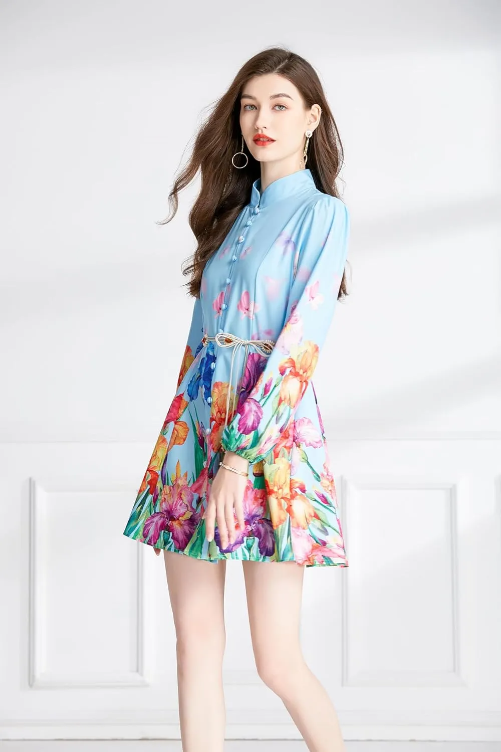 LAI MENG FIVE CATS Women's Floral Print Button up Shirt Dress Long Sleeve Casual Mini Dress