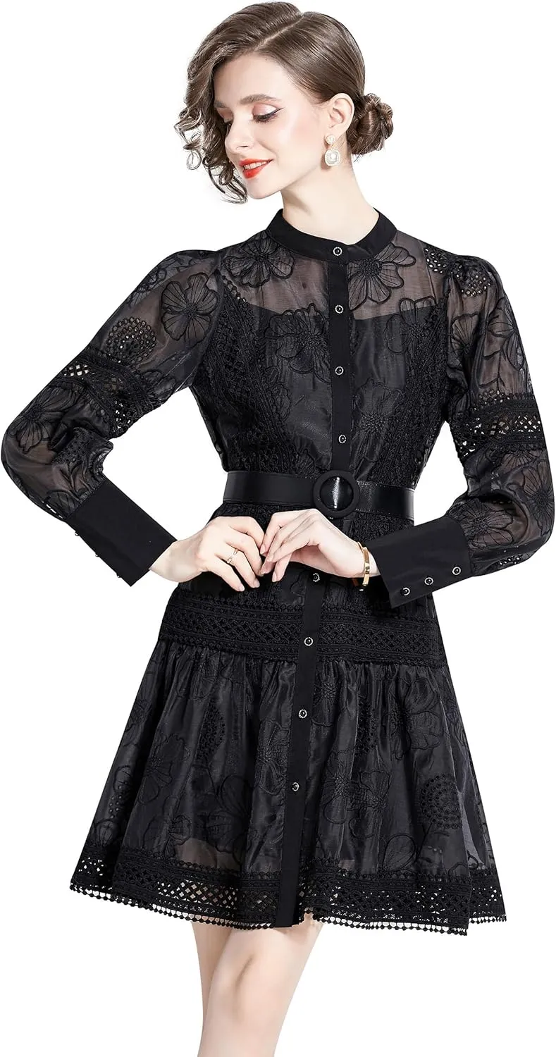 LAI MENG FIVE CATS Women's Hollow Out Floral Print Lantern Sleeve Button Casual Mini Dress
