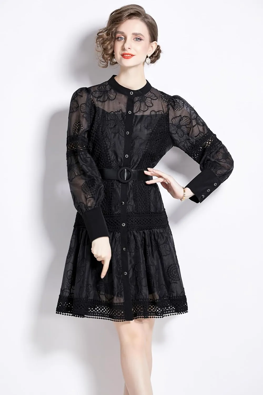 LAI MENG FIVE CATS Women's Hollow Out Floral Print Lantern Sleeve Button Casual Mini Dress