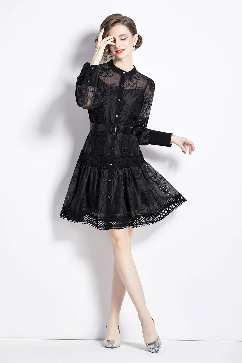 LAI MENG FIVE CATS Women's Hollow Out Floral Print Lantern Sleeve Button Casual Mini Dress