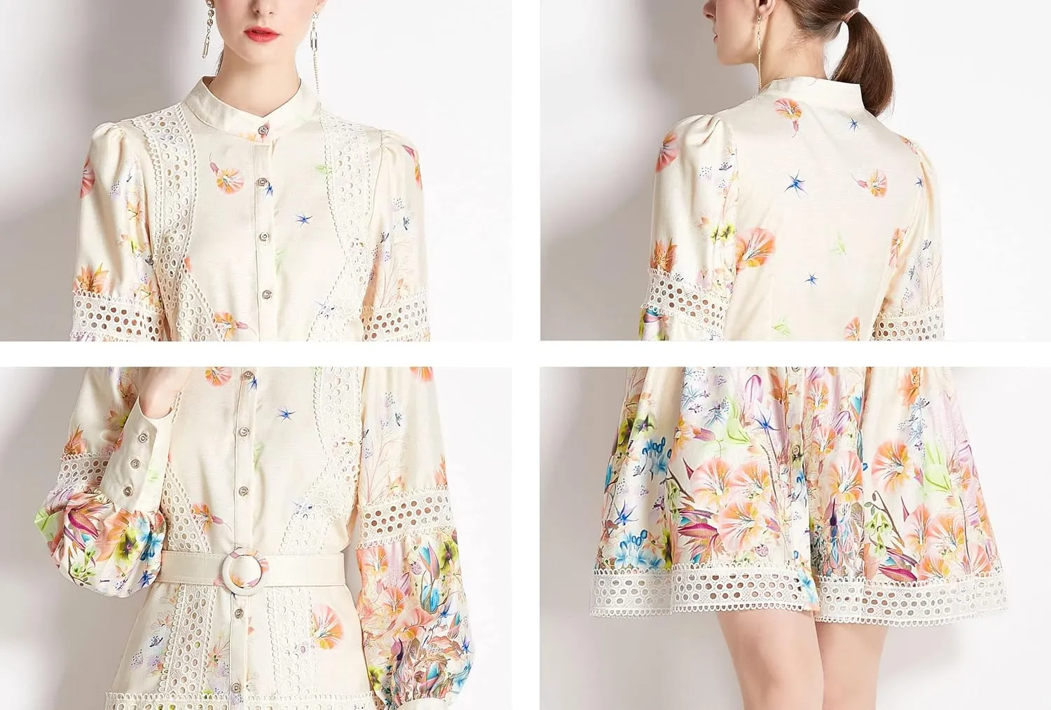 LAI MENG FIVE CATS Women's Hollow Out Floral Print Lantern Sleeve Button Casual Mini Dress