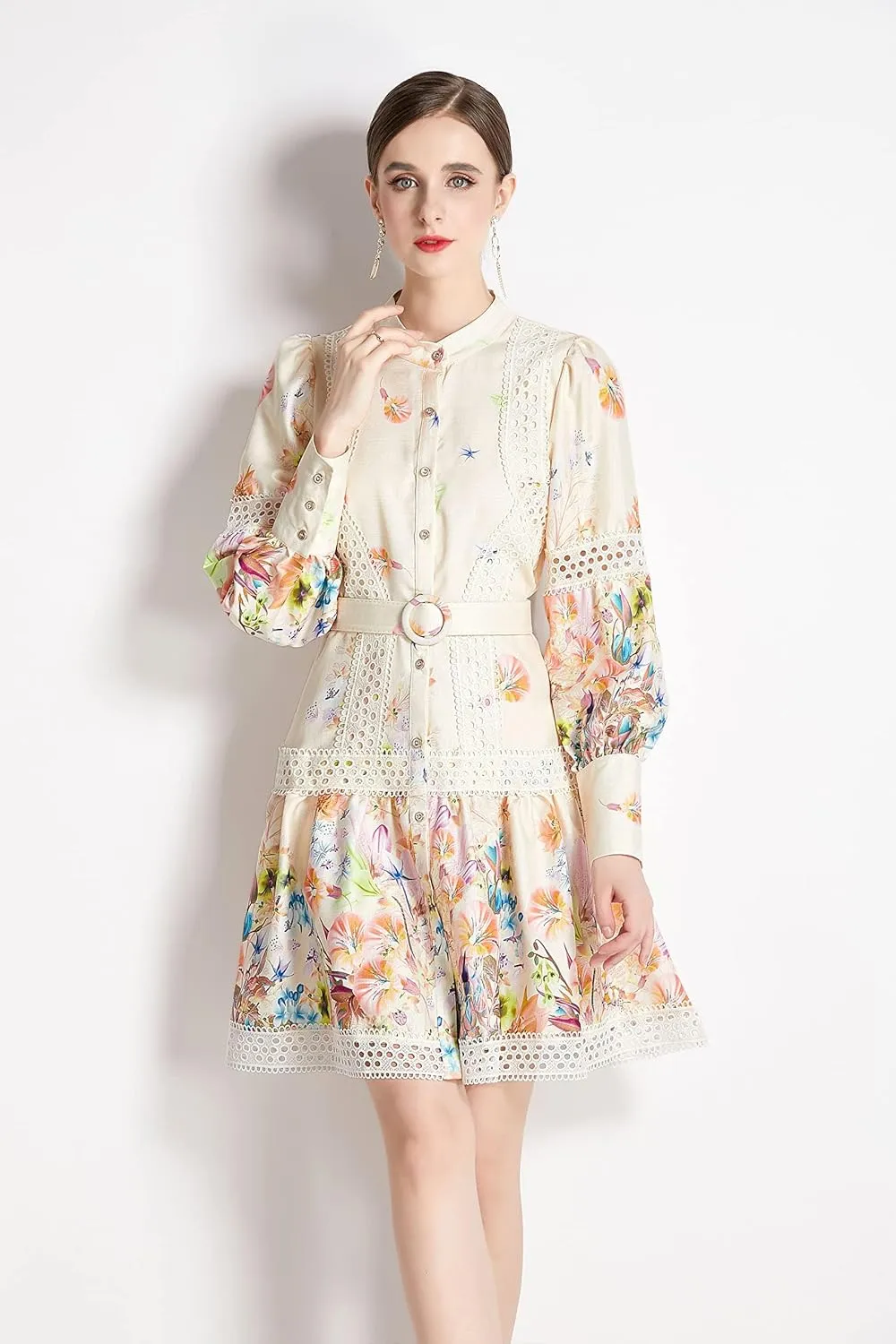 LAI MENG FIVE CATS Women's Hollow Out Floral Print Lantern Sleeve Button Casual Mini Dress