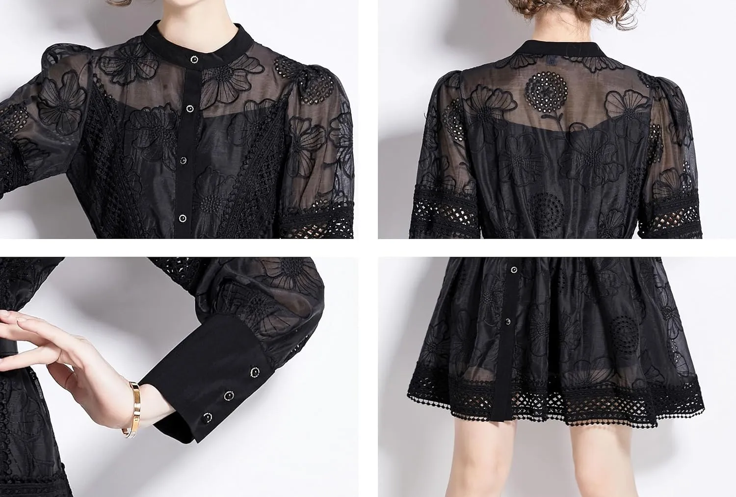 LAI MENG FIVE CATS Women's Hollow Out Floral Print Lantern Sleeve Button Casual Mini Dress
