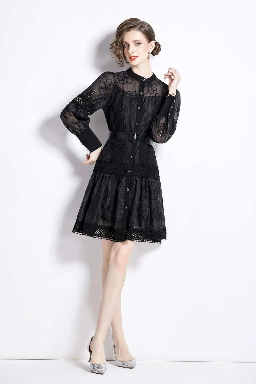 LAI MENG FIVE CATS Women's Hollow Out Floral Print Lantern Sleeve Button Casual Mini Dress