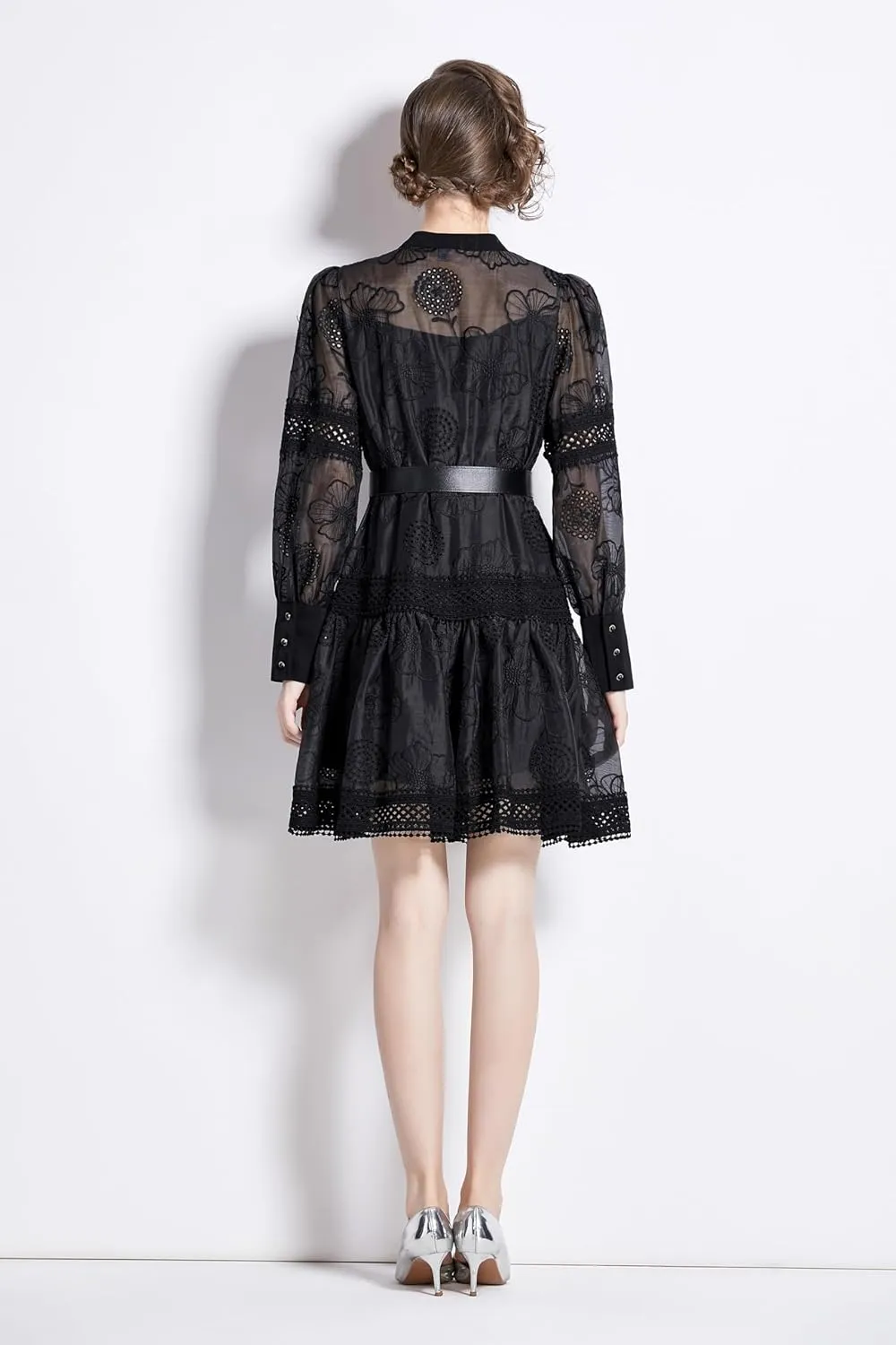 LAI MENG FIVE CATS Women's Hollow Out Floral Print Lantern Sleeve Button Casual Mini Dress