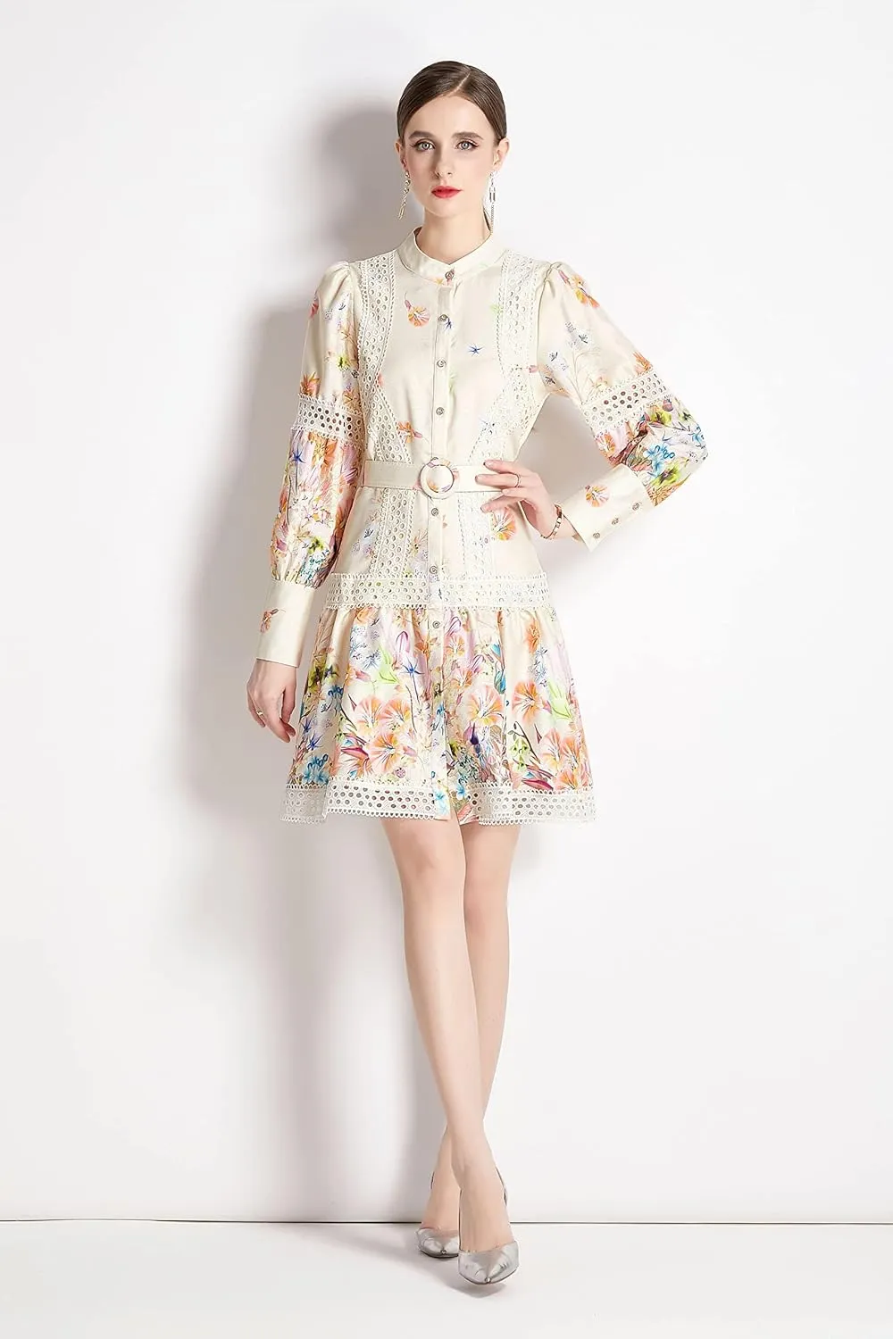 LAI MENG FIVE CATS Women's Hollow Out Floral Print Lantern Sleeve Button Casual Mini Dress