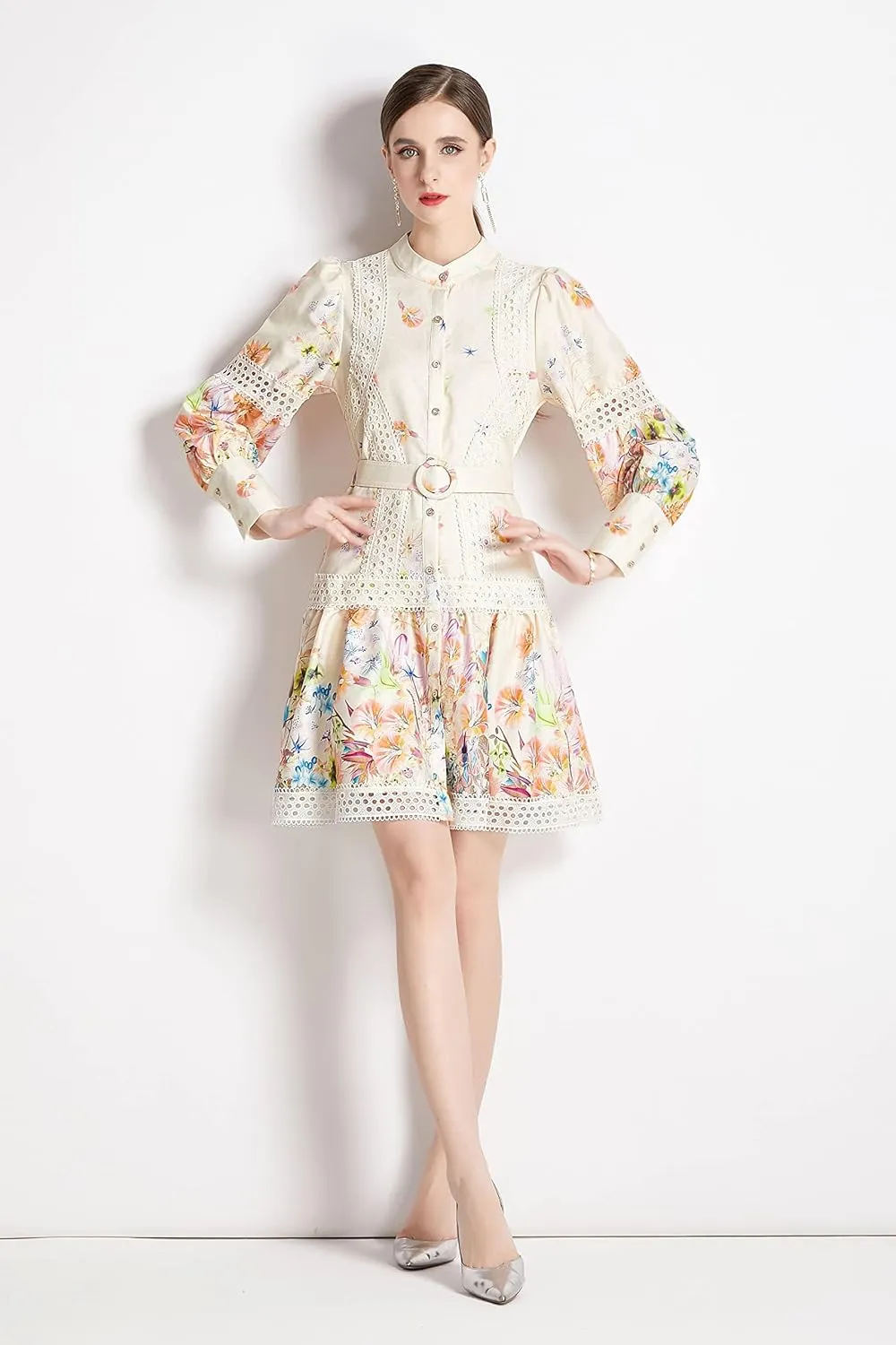 LAI MENG FIVE CATS Women's Hollow Out Floral Print Lantern Sleeve Button Casual Mini Dress