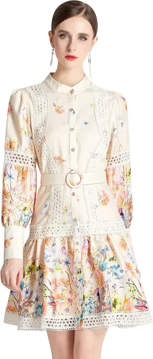 LAI MENG FIVE CATS Women's Hollow Out Floral Print Lantern Sleeve Button Casual Mini Dress