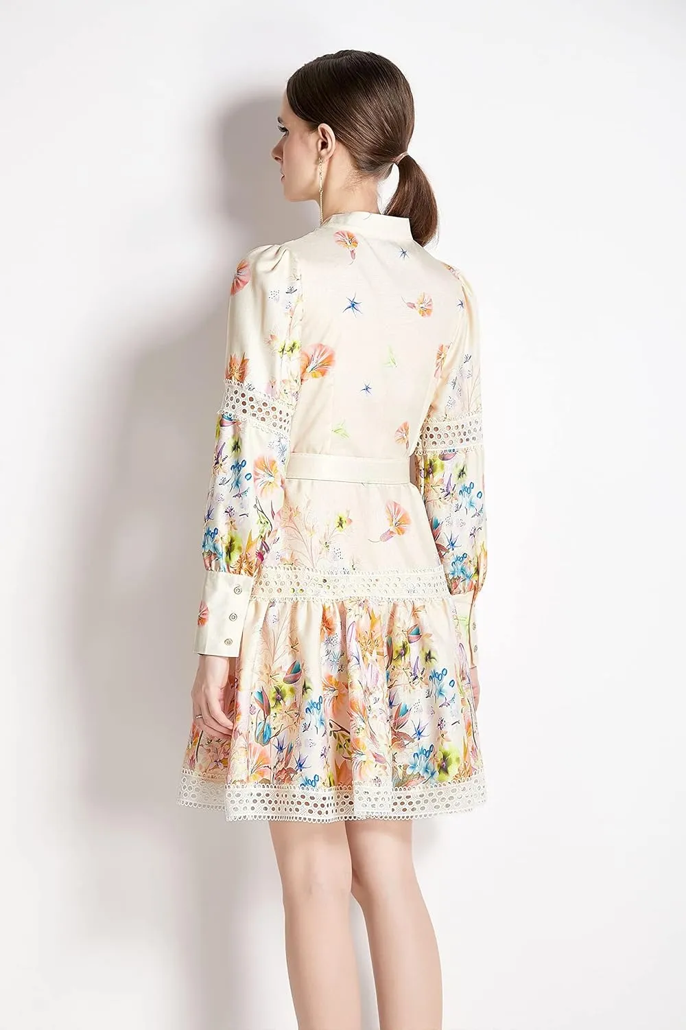 LAI MENG FIVE CATS Women's Hollow Out Floral Print Lantern Sleeve Button Casual Mini Dress