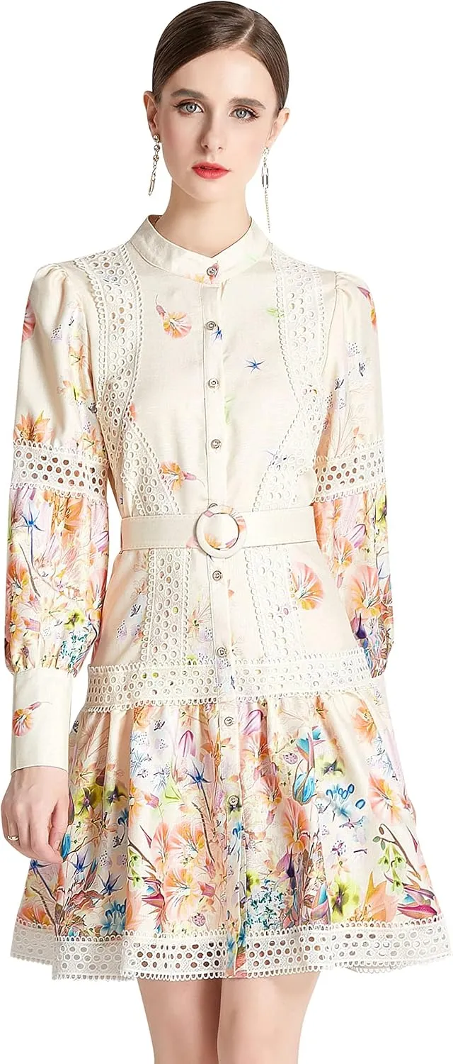 LAI MENG FIVE CATS Women's Hollow Out Floral Print Lantern Sleeve Button Casual Mini Dress