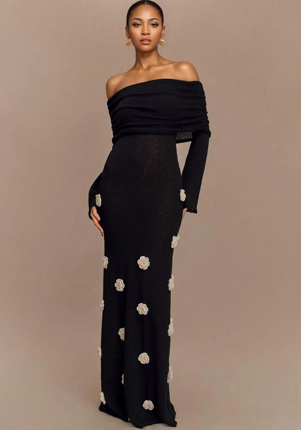 LETSVDO Women's Off The Shoulder Crochet Maxi Dress Long Sleeve Bodycon 3D Floral Knit Mesh Sweater Sexy Party Dresses