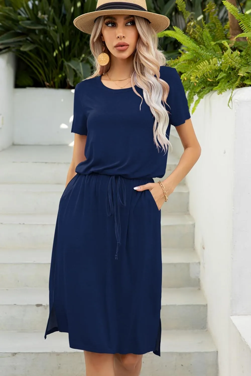 levaca Womens Summer Casual Dress Belly Drawstring Beach Coverup Short Sleeve 2025 Outfit Midi Sundress with Pockets