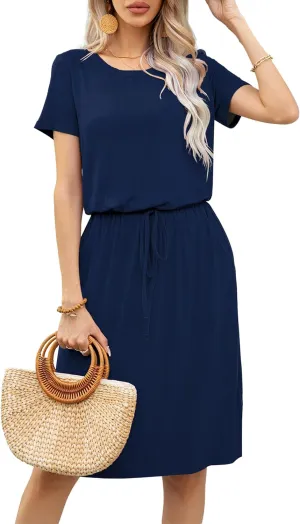 levaca Womens Summer Casual Dress Belly Drawstring Beach Coverup Short Sleeve 2025 Outfit Midi Sundress with Pockets