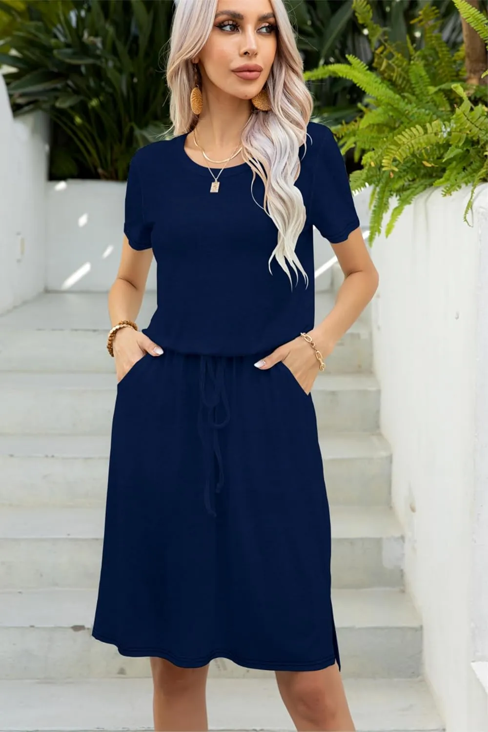 levaca Womens Summer Casual Dress Belly Drawstring Beach Coverup Short Sleeve 2025 Outfit Midi Sundress with Pockets