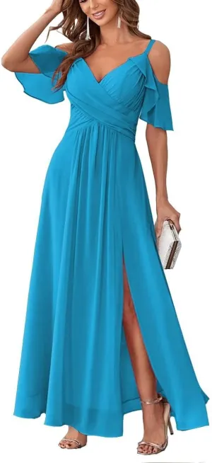 Long Chiffon Cold Shoulder Bridesmaid Dresses for Women 2024 Wedding Guest Dress Prom Formal Evening Ball Gown RYZ95