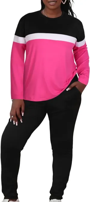LovelyWholesale Plus Size 2 Piece Outfits for Women Long Sleeve Tops and Pants Set Color Block Tracksuit