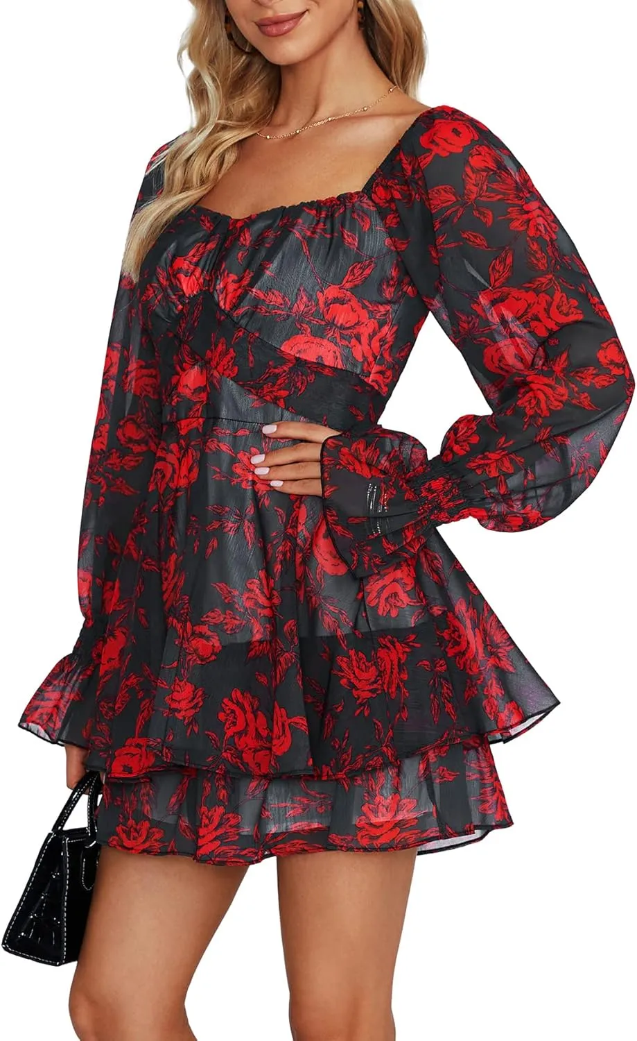 LYANER Women's Floral Print Off Shoulder Long Sleeve Ruffle Hem Romper Short Jumpsuit