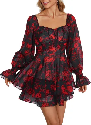 LYANER Women's Floral Print Off Shoulder Long Sleeve Ruffle Hem Romper Short Jumpsuit