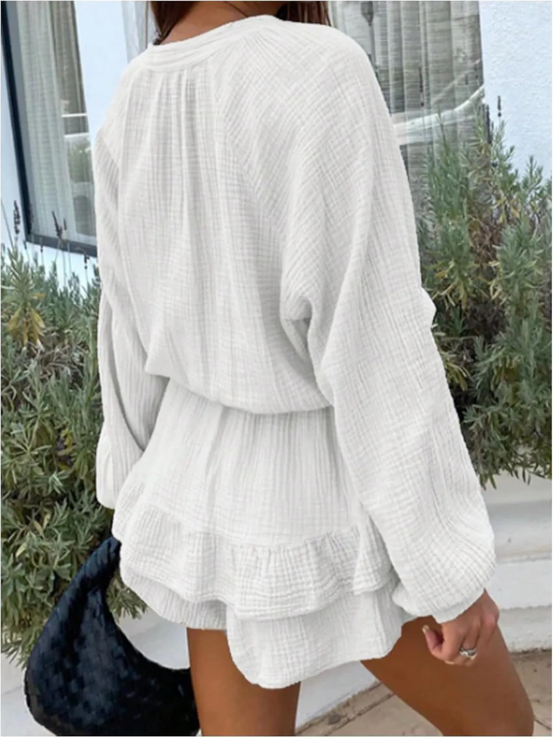 MakeMeChic Women's Bow Tie Front Lantern Long Sleeve Ruffle Tiered Mini Skirt Dress