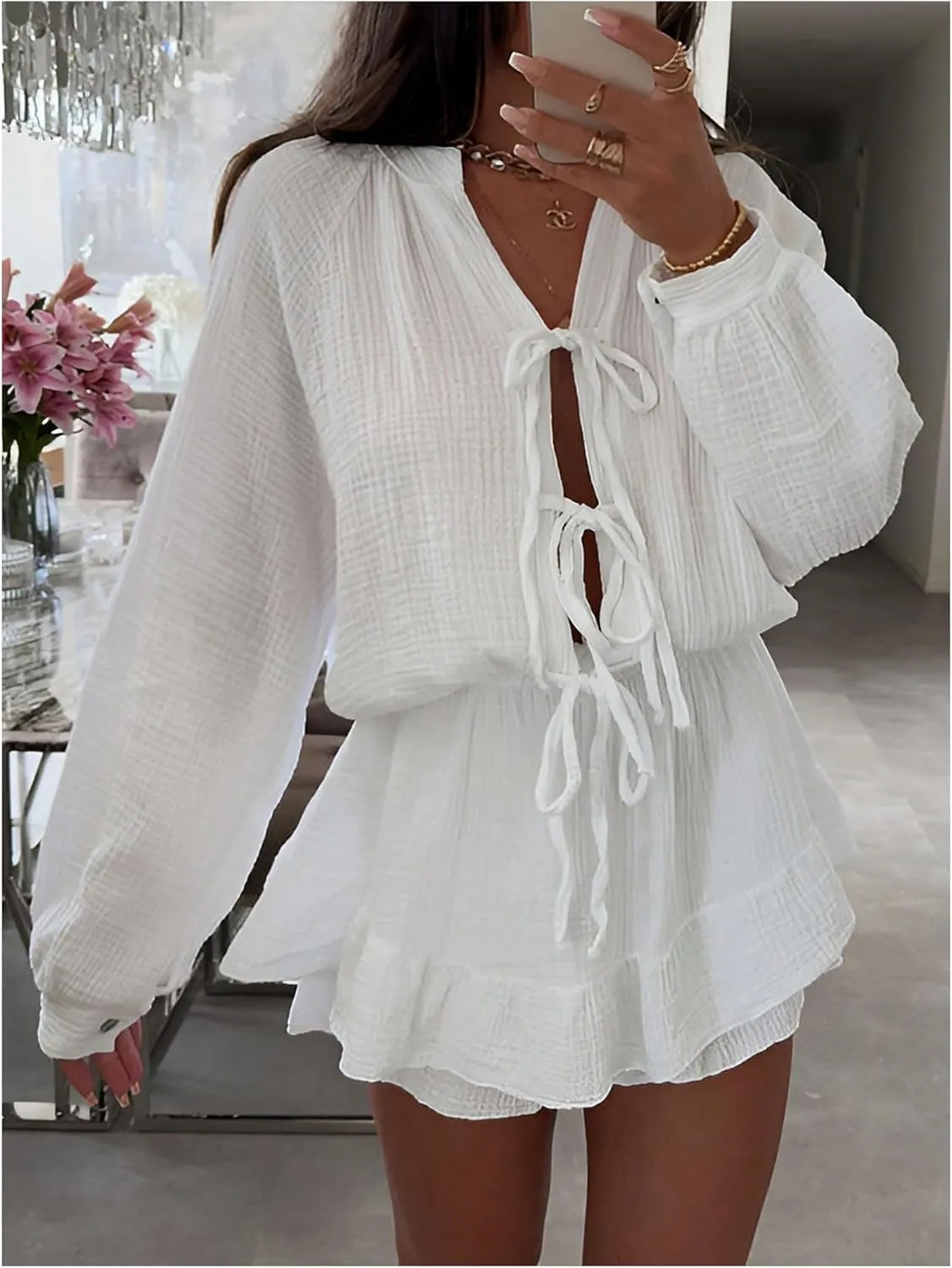 MakeMeChic Women's Bow Tie Front Lantern Long Sleeve Ruffle Tiered Mini Skirt Dress