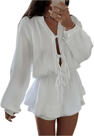 MakeMeChic Women's Bow Tie Front Lantern Long Sleeve Ruffle Tiered Mini Skirt Dress