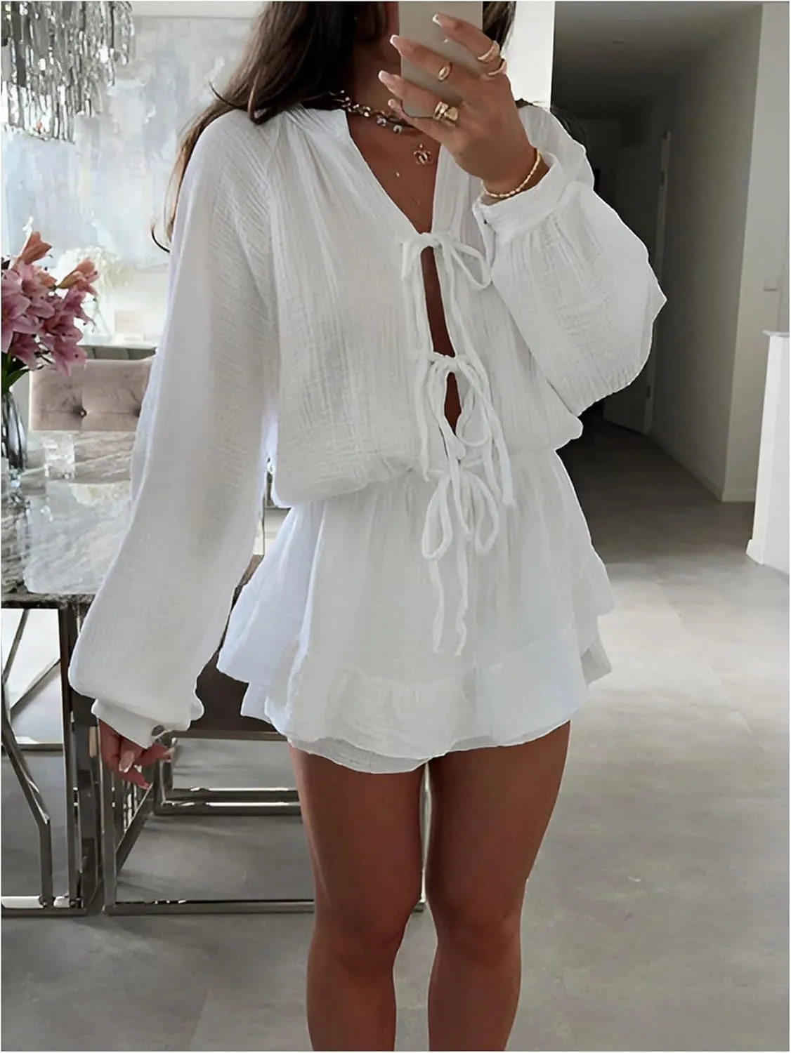 MakeMeChic Women's Bow Tie Front Lantern Long Sleeve Ruffle Tiered Mini Skirt Dress