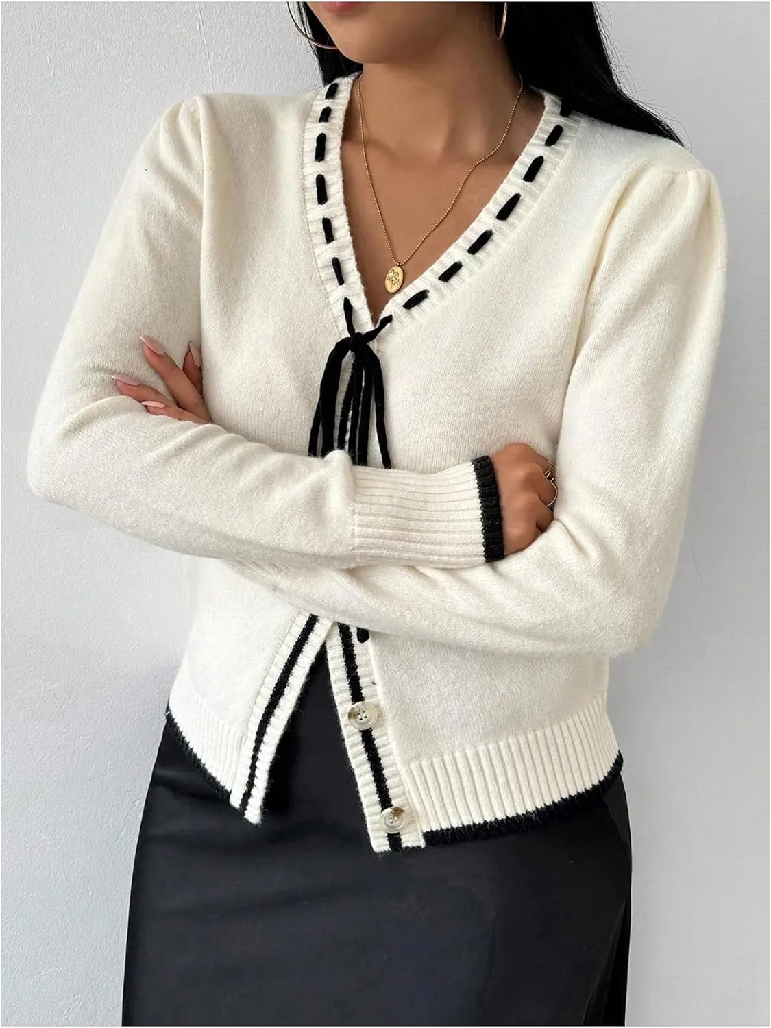MakeMeChic Women's Contrast Binding V Neck Cardigan Long Sleeve Button Down Sweater