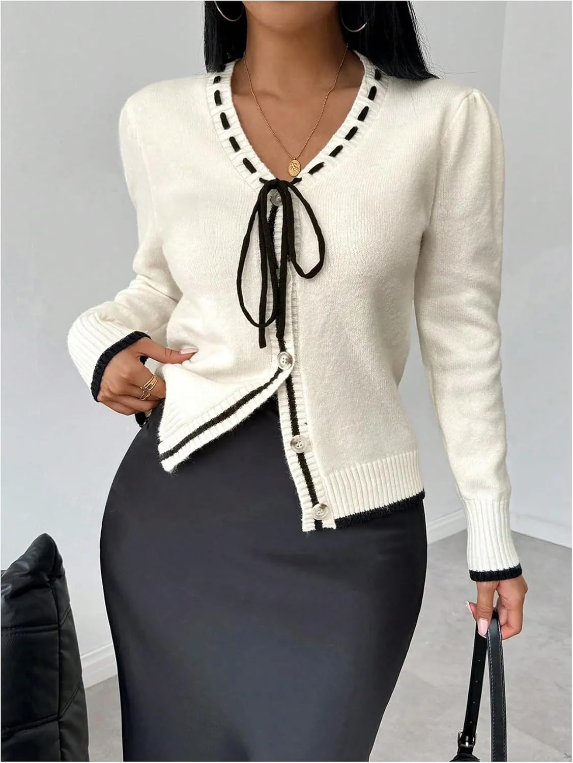 MakeMeChic Women's Contrast Binding V Neck Cardigan Long Sleeve Button Down Sweater