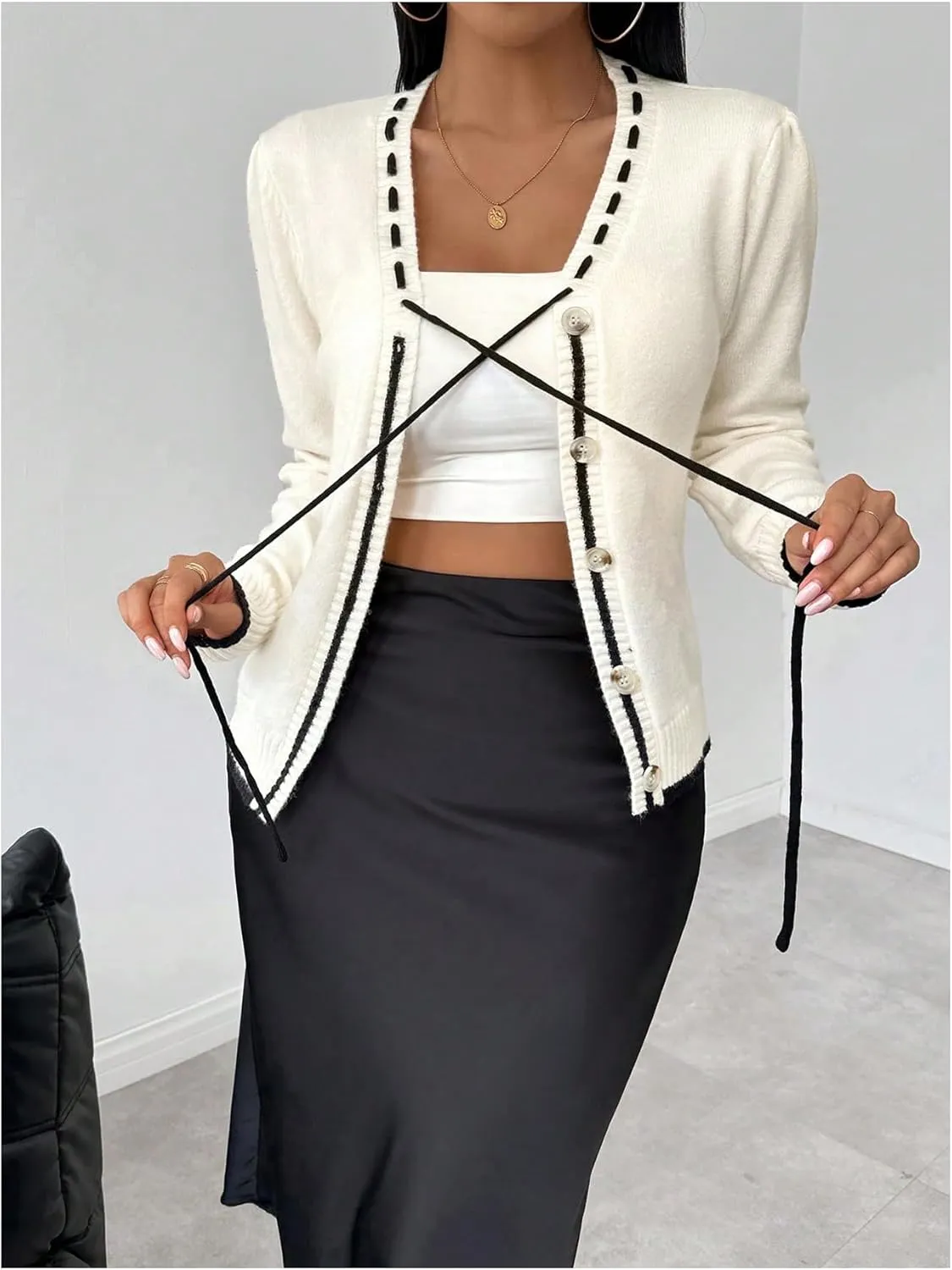MakeMeChic Women's Contrast Binding V Neck Cardigan Long Sleeve Button Down Sweater