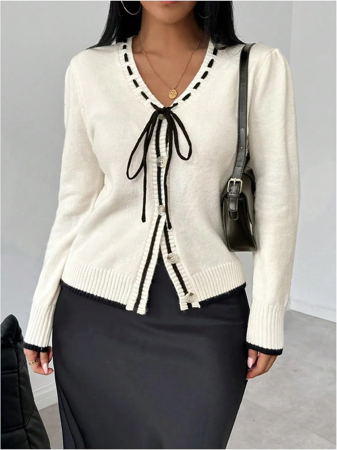 MakeMeChic Women's Contrast Binding V Neck Cardigan Long Sleeve Button Down Sweater