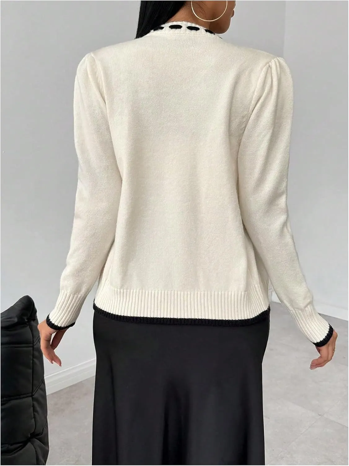 MakeMeChic Women's Contrast Binding V Neck Cardigan Long Sleeve Button Down Sweater