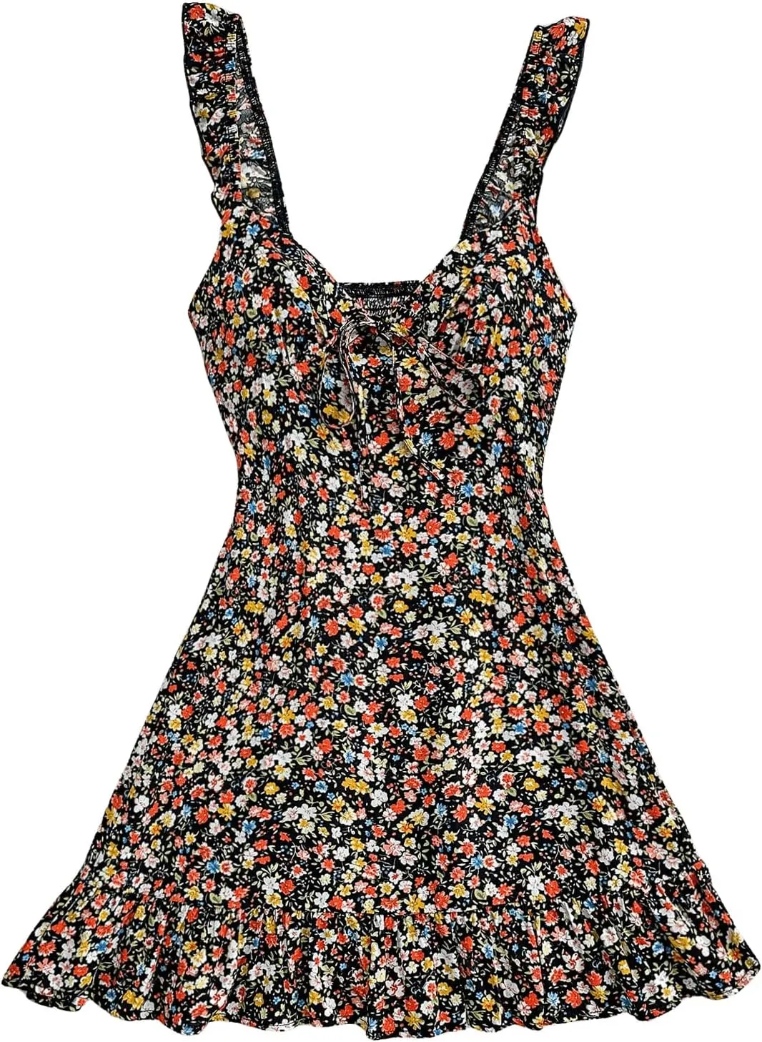 MakeMeChic Women's Ditsy Floral Print Shirred Tie Front Ruffle Sleeveless A Line Short Tank Dress