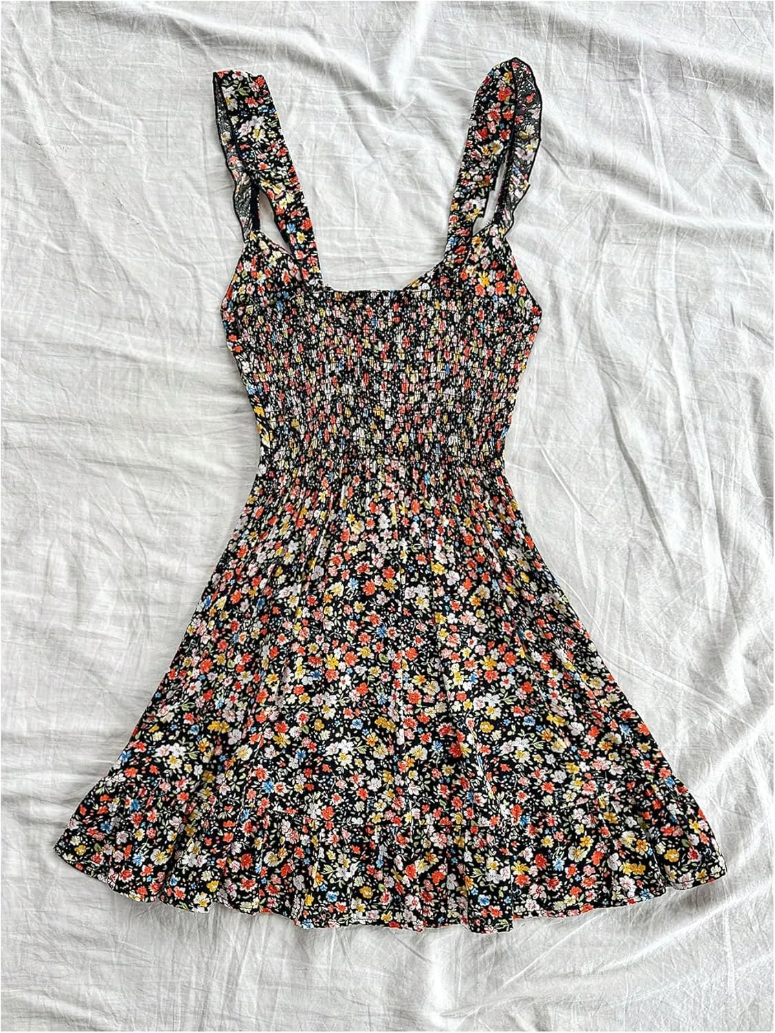 MakeMeChic Women's Ditsy Floral Print Shirred Tie Front Ruffle Sleeveless A Line Short Tank Dress