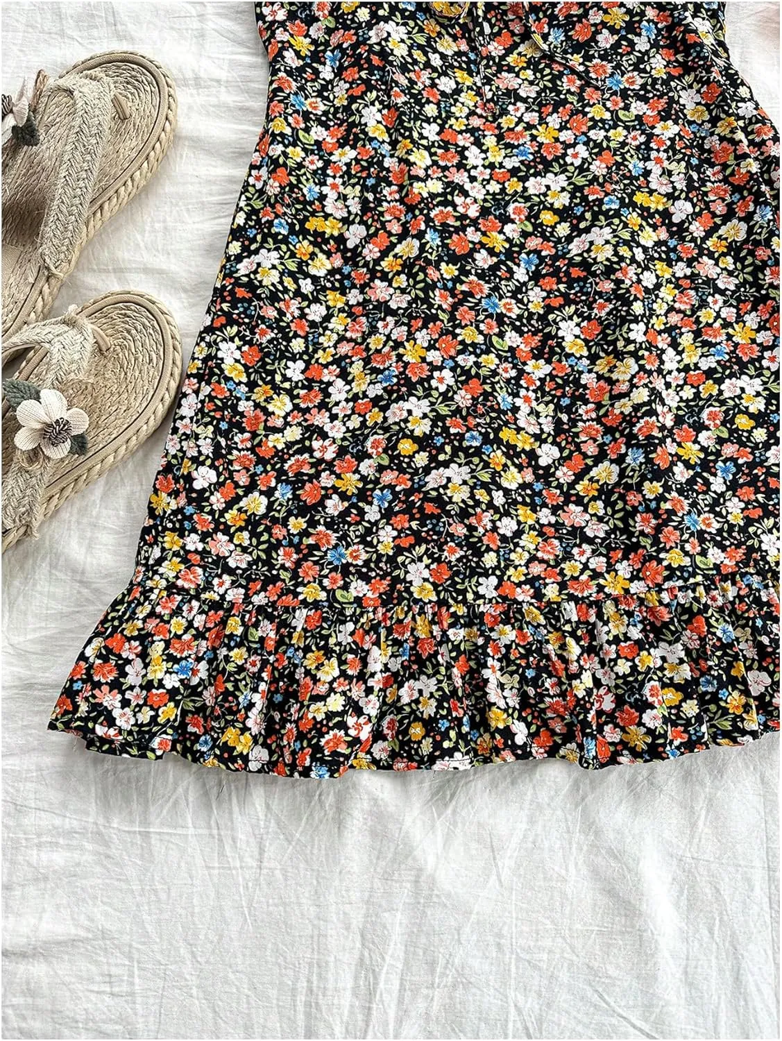 MakeMeChic Women's Ditsy Floral Print Shirred Tie Front Ruffle Sleeveless A Line Short Tank Dress