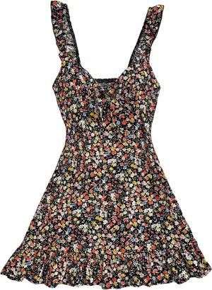 MakeMeChic Women's Ditsy Floral Print Shirred Tie Front Ruffle Sleeveless A Line Short Tank Dress