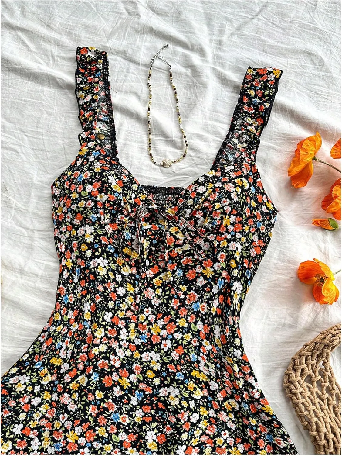 MakeMeChic Women's Ditsy Floral Print Shirred Tie Front Ruffle Sleeveless A Line Short Tank Dress