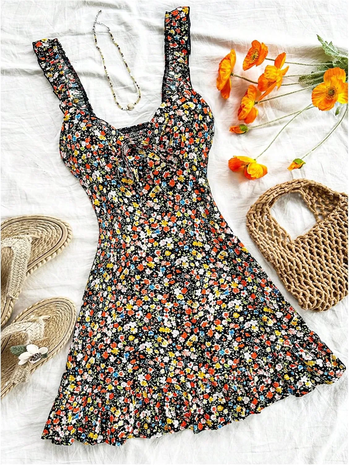 MakeMeChic Women's Ditsy Floral Print Shirred Tie Front Ruffle Sleeveless A Line Short Tank Dress