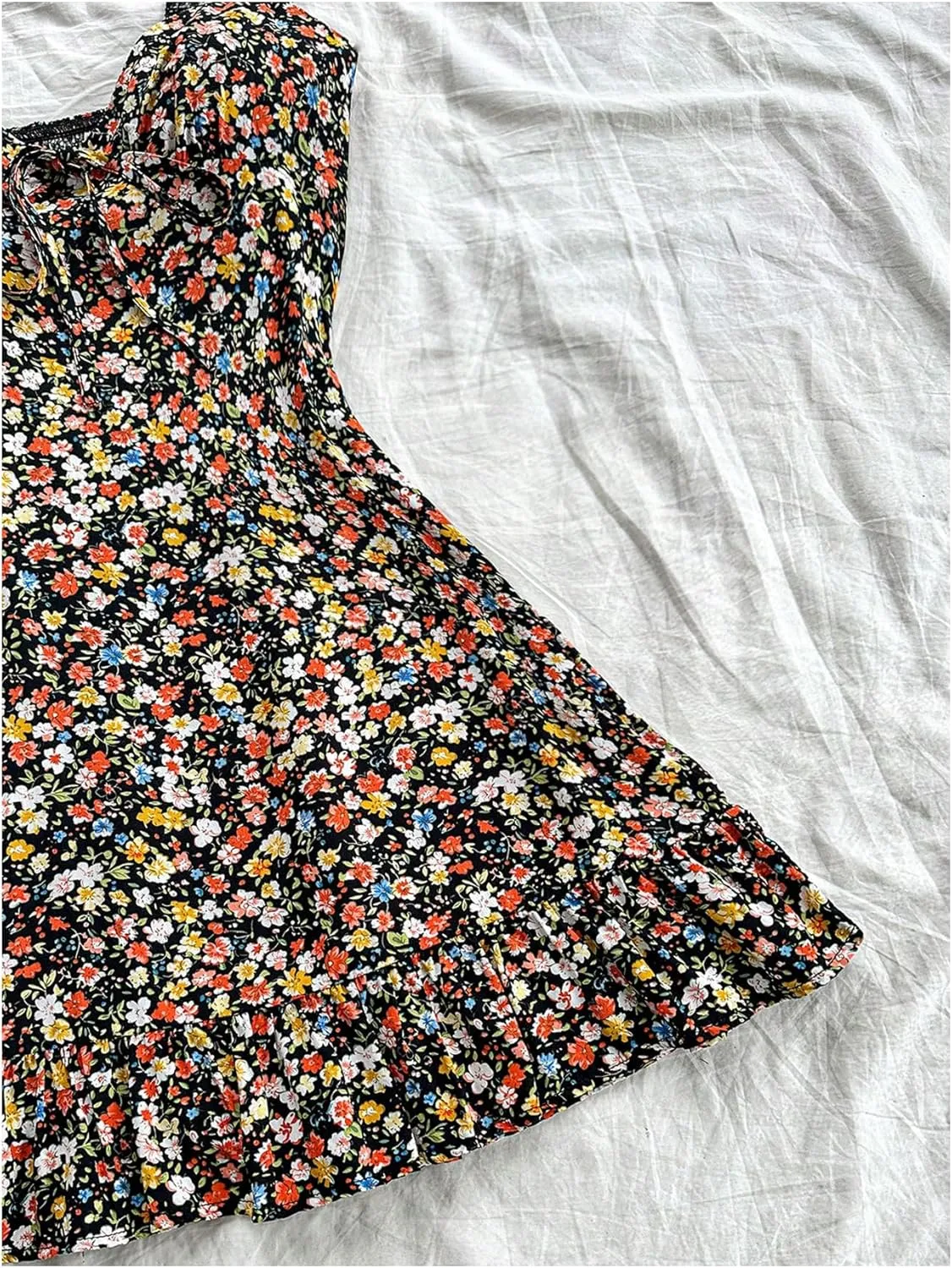 MakeMeChic Women's Ditsy Floral Print Shirred Tie Front Ruffle Sleeveless A Line Short Tank Dress