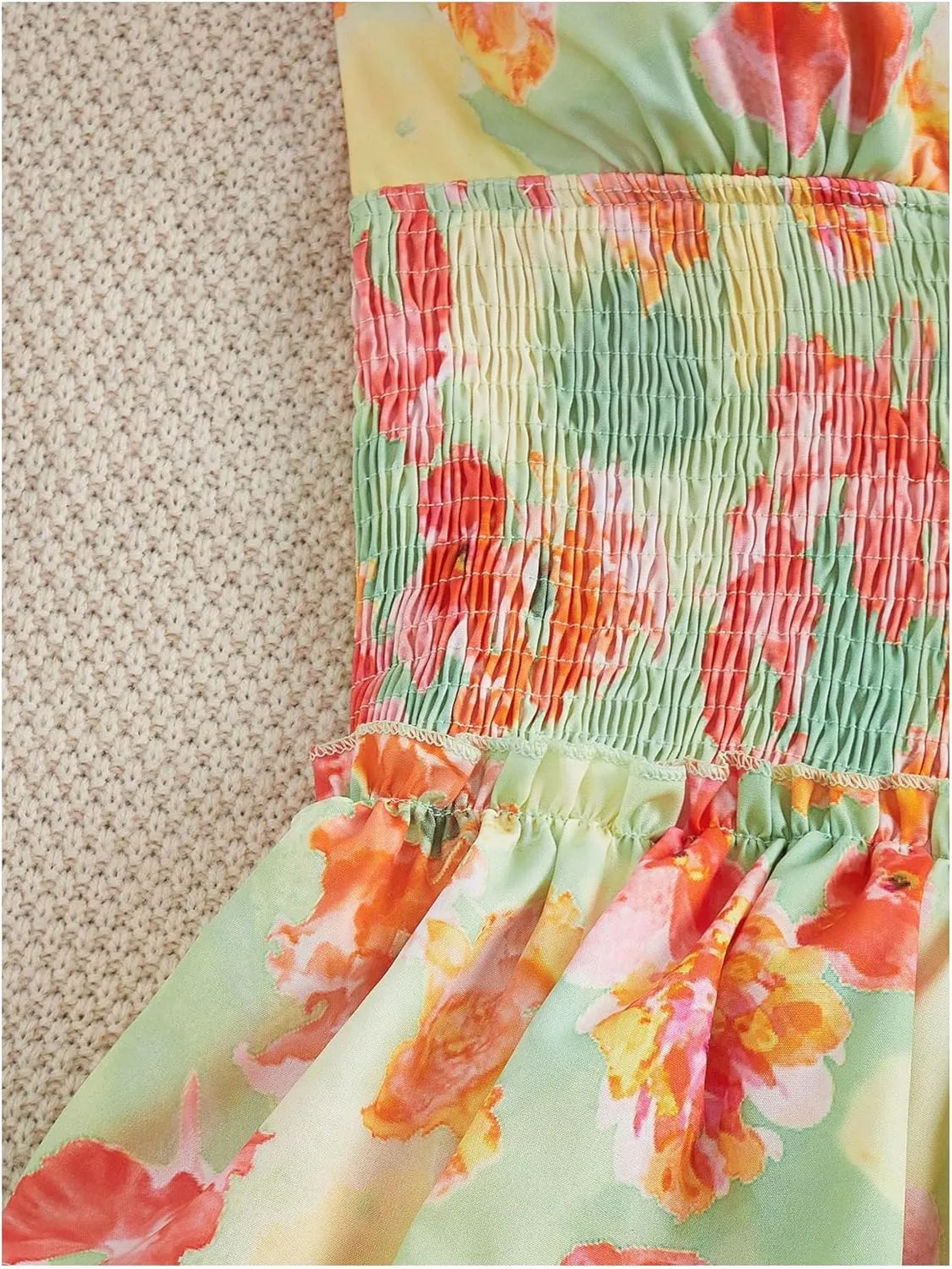 MakeMeChic Women's Floral Print Shirred Mini Dress Frill Trim Ruffle Tiered Boho Dresses